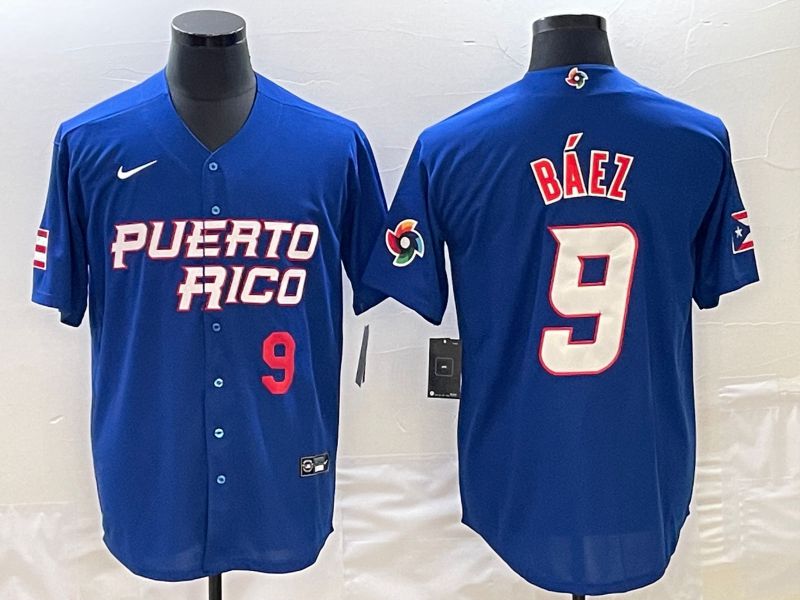 Men 2023 World Cub Puerto Rico #9 Baez Blue Nike MLB Jersey4->->MLB Jersey
